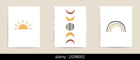 Poster astratti sole, arcobaleno, luna. Boho sfondi contemporanei, beige copre stile trendy di metà secolo. Decorazione geometrica della parete vettoriale. Illustrazione Vettoriale