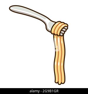 Disegno cartoon di spaghetti sulla forcella. Impiccagione di pasta lunga. Immagine vettoriale clip art. Illustrazione Vettoriale