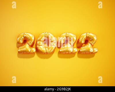 Natale e felice anno nuovo 2022 palloncino arancione numeri d'oro su sfondo giallo. Rendering 3d con logo Happy New Year 2022. Foto Stock