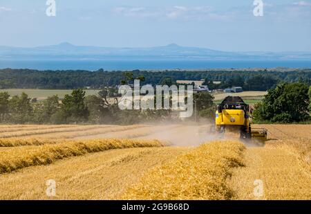 Byres Farm, East Lothian, Scozia, Regno Unito, 25 luglio 2021. Regno Unito tempo: Raccolta invernale dell'orzo: Il recente clima secco ha permesso ad un agricoltore di iniziare presto la raccolta. Nella foto: Una mietitrebbia New Holland in funzione con una vista del Firth of Forth e di Lomond Hills in lontananza Foto Stock