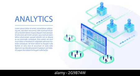 Analisi dei dati e concetto di analisi come banner Web. Illustrazione vettoriale 3d isometrica dell'elaborazione dei dati e della refertazione visiva dei dati utente Illustrazione Vettoriale