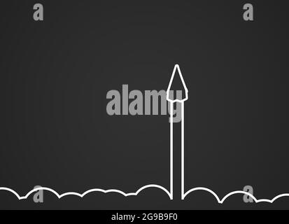 Lancio del concetto di idee aziendali di avvio razzo. Lancia le tue idee, il tuo sito web o business plan illustrazione concettuale. Piano e nuvole su grigio scuro Foto Stock