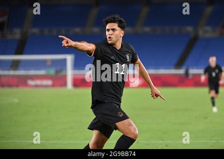 Goaljubel Nadiem AMIRI (GER) dopo obiettivo a 0-1, giubilazione, gioia, entusiasmo, azione, immagine singola, singolo motivo ritagliato, mezza figura, mezza figura. Arabia Saudita (KSA) - Germania (GER) 2-3, calcio, Internazionale Stradium Yokohama il 25 luglio 2021, Giochi Olimpici estivi 2020, dal 23 luglio. - 08.08.2021 a Tokyo/Giappone. Foto Stock