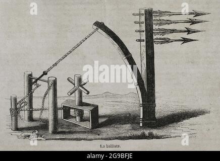 Tempi antichi. La ballista o il lanciabulloni. Antica arma d'assedio che gettò frecce, freccette e giavelline a bersagli lontani. Incisione. Historia Generale de España di Padre Mariana. Madrid, 1852. Foto Stock