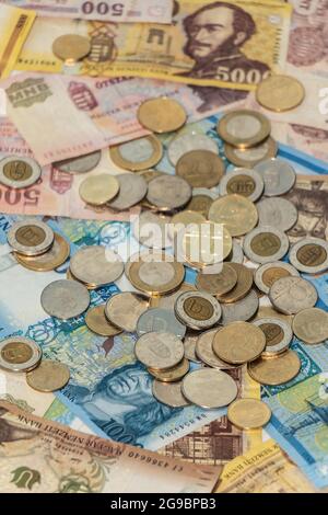 Una composizione del fiorino ungherese. HUF banconote e monete che fornisce numerose opzioni per essere usato per illustrare argomenti come business, bancario, media, p Foto Stock