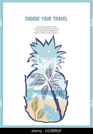 Carta o striscione a forma di ananas con spiaggia tropicale all'interno. Poster vacanza mare in estate e viaggi, immagine vettoriale piatta sulla parte posteriore bianca Illustrazione Vettoriale