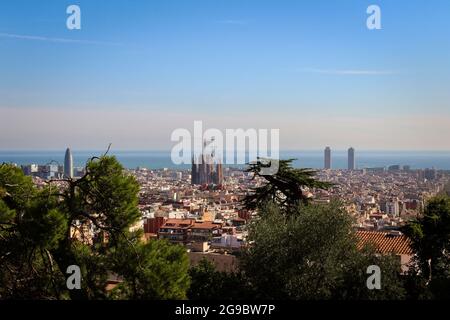 Sagrada Familia dall'aria (Barcellona, Spagna). Foto Stock