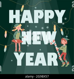 Buon banner Web di Capodanno o modello di scheda con elfi di Natale carino, vettore piatto. Illustrazione Vettoriale