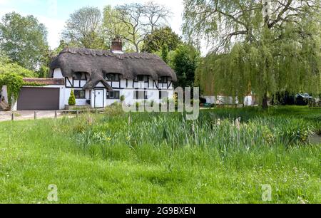 Il duck stagno nel centro del villaggio Oakley con tradizionali cottage con tetto di paglia sullo sfondo, Oakley, Hampshire, Inghilterra, Regno Unito. Foto Stock