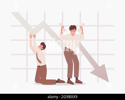 Uomini tristi sullo sfondo della caduta grafico vettore piatto illustrazione. Fallimento, problemi di business, crollo del budget, fallimento degli investimenti, e il concetto di problema di recupero economico dei prestiti. Illustrazione Vettoriale
