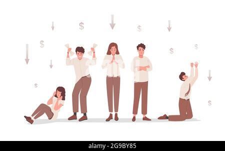 Gruppo di persone tristi e deluse sconvolto per il fallimento finanziario e business vettore flat illustrazione. Uomini e donne arrabbiati che sentono emozioni negative. Investimento, concetto di perdita di denaro. Illustrazione Vettoriale