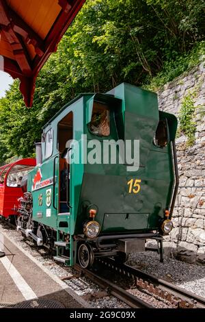 Treno da Rothorn a Brienz alla stazione - Brienz-Rothorn bahn è una ferrovia a cremagliera a scartamento ridotto con splendide viste sulle montagne della Svizzera Foto Stock