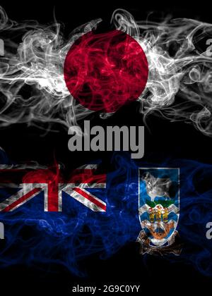 Bandiere di fumo di Giappone, Giappone e Regno Unito, Gran Bretagna, Isole Falkland Foto Stock