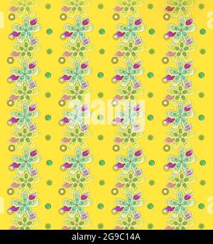 File di fiori colorati e pois di polka si siedono su uno sfondo giallo luminoso. Con il contorno bianco, i fiori formano la catena diagonalmente verso il basso. Foto Stock