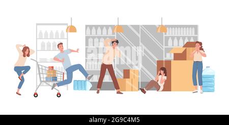 La gente si panico in negozio vettore flat illustrazione. Uomini e donne spaventati che piangono, si nascondono e corrono dalla situazione pericolosa. Clienti che acquistano isteria nel concetto di supermercato. Illustrazione Vettoriale