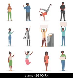 Set di persone diverse che saltano, tenendo in mano i cartelli, telefono che parla vettore piatto illustrazione. Uomini e donne felici di diverse età, pesi, razze e professioni isolati su sfondo bianco. Illustrazione Vettoriale