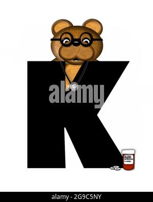 La lettera K, nell'alfabeto 'Visita del medico di Teddy,' è nera. L'orso di Teddy che indossa uno stetoscopio e bicchieri decorano la lettera con altri medi Foto Stock