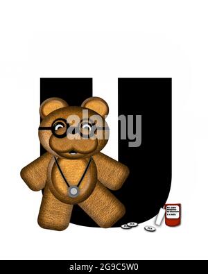 La lettera U, nell'alfabeto 'Visita del medico di Teddy,' è nera. L'orso di Teddy che indossa uno stetoscopio e bicchieri decorano la lettera con altri medi Foto Stock