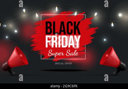 Banner vettoriale Black Friday con testo. Super vendita stagionale poster neon Concept, offerta speciale. Sconti cartellone con altoparlanti e luci. Concetto di offerta pubblicitaria. Illustrazione Vettoriale
