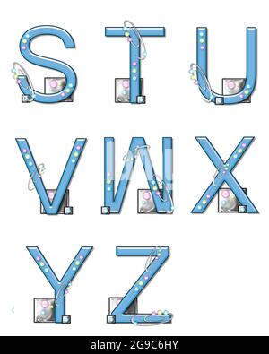 The letters S to Z, in the alphabet set "Mod Elements", is 3D blue.  Metal swirl threaded with colorful beads decorate letter.  Metal squares sit at b Foto Stock