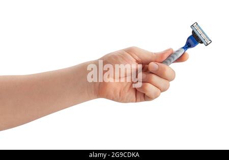 rasoio nel percorso della mano isolato su bianco Foto Stock
