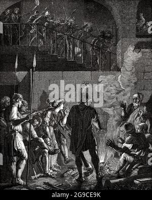 San Pietro negando Gesù Cristo. Vecchio 19 ° secolo inciso illustrazione da Gesù Cristo di Veuillot 1881 Foto Stock