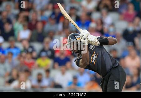 Manchester, Regno Unito. 25 luglio 2021. Carlos Braithwaite batte per gli originali Manchester a Manchester, Regno Unito il 7/25/2021. (Foto di Conor Molloy/News Images/Sipa USA) Credit: Sipa USA/Alamy Live News Foto Stock