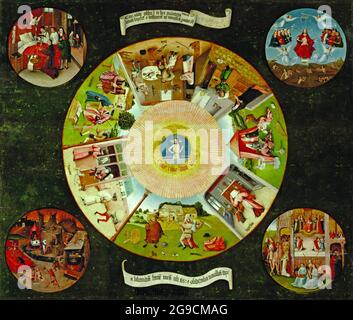 Titolo: I sette peccati mortali e le quattro ultime cose Creatore: Hieronymus Bosch Data: c.15th Medio: Olio su legno dimensioni: 120 × 150 cm Ubicazione: Madrid, Museo del Prado Foto Stock