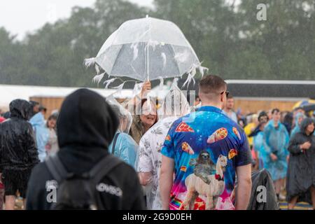 Standon, Hertfordshire, Regno Unito. 25 luglio 2021. La gente ottiene interferita nella pioggia torrenziale e nel thunder a Standon che chiama il credito del festival di musica: Julian Eales/Alamy Live News Foto Stock