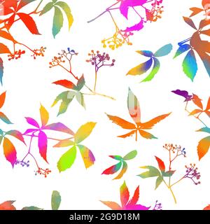 Foglie d'uva multicolore a sfondo senza cuciture. Stampa arcobaleno. Supporti misti. Illustrazione vettoriale Illustrazione Vettoriale