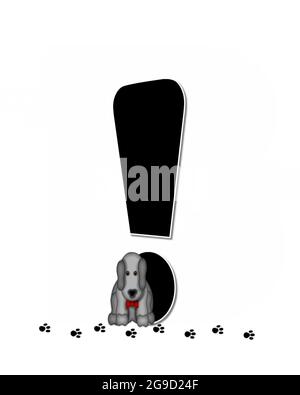 Punto esclamativo, in alfabeto 'stampe PET Paw bambini' è nero. Le lettere sono decorate con gatto o cane. Le impronte nere del percorso modulo davanti a. Foto Stock