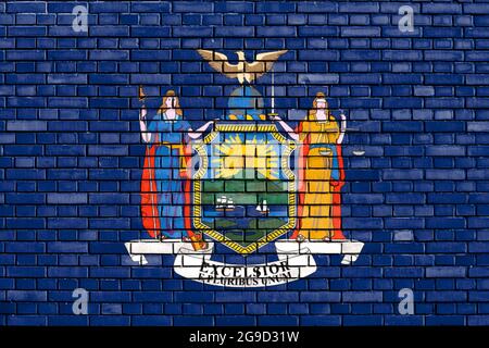 Bandiera dello stato di New York, USA dipinto su muro di mattoni Foto Stock