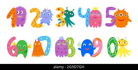 Numeri e simpatici mostri carini uno due tre quattro sei sette otto nove zero cartoon carino colorato set astratto. Elemento di design per biglietti d'auguri di compleanno e altri anniversari decorazione Illustrazione Vettoriale