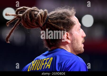 Tokio, Giappone. 26 luglio 2021. Pallamano: Olimpiadi, Brasile - Francia, turno preliminare, gruppo A, giorno 2 al Yoyogi National Stadium. Fabio Chiuffa del Brasile. Credit: Swen Pförtner/dpa/Alamy Live News Foto Stock