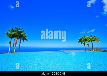 Mare blu tropicale, cielo blu e palme verdi. Rilassante destinazione di vacanza. Lo splendido scenario delle spiagge delle Hawaii negli Stati Uniti. 2019 Foto Stock