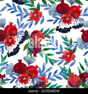 Motivo senza cuciture acquerello con fiori e rami di melograno. Illustrazione dipinta a mano. Foto Stock