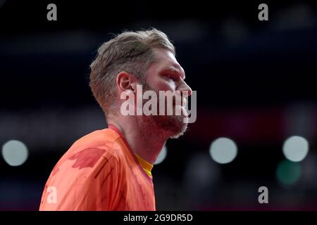 Tokio, Giappone. 26 luglio 2021. Pallamano: Olimpiadi, Argentina - Germania, turno preliminare, Gruppo A, Giornata 2 allo Stadio Nazionale di Yoyogi. Portiere Johannes Bitter, tedesco. Credit: Swen Pförtner/dpa/Alamy Live News Foto Stock