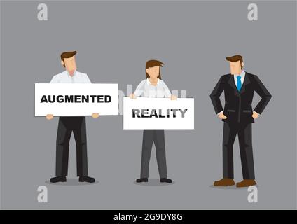 Illustrazione concettuale del personale di un'azienda che mostra al capo la direzione futura dell'azienda con la realtà aumentata sulle schede della lavagna bianca. Portella a c Illustrazione Vettoriale