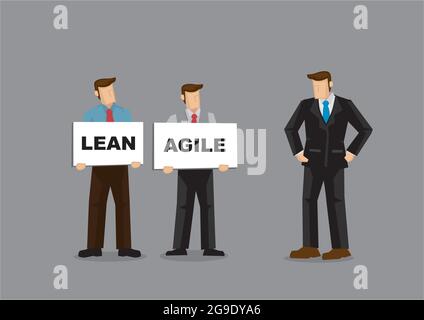 Illustrazione concettuale del personale di un'azienda che mostra al capo la direzione futura dell'azienda con Lean e Agile sulle schede della lavagna bianca. Dipingere un conc Illustrazione Vettoriale