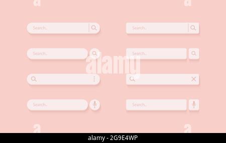 Barra di ricerca 3D. Pulsante browser per la progettazione di siti Web e interfaccia utente. Serie di modelli di moduli di ricerca diversi. Illustrazione vettoriale su sfondo rosa tenue Illustrazione Vettoriale