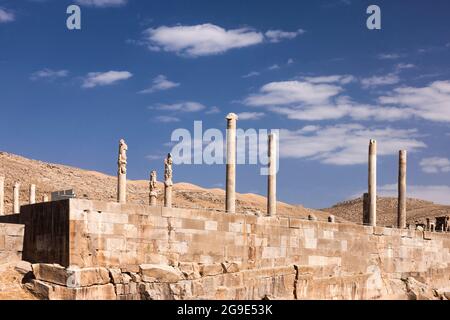 Persepolis, piattaforma del complesso di capitale, colonne di Apadana, capitale cerimoniale dell'impero achemenide, Provincia di Fars, Iran, Persia, Asia occidentale, Asia Foto Stock