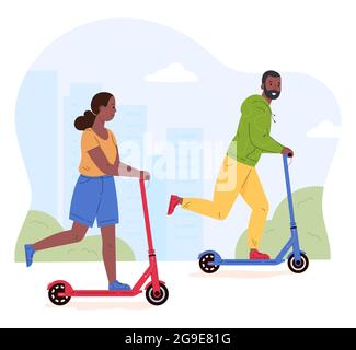 Uomo e donna che cavalcano scooter elettrici a piedi. Illustrazione Vettoriale