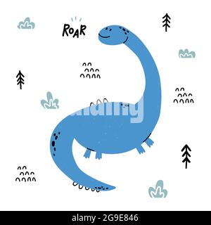 Dino Diplodocus in stile cartone animato scandinavo. Illustrazione Vettoriale