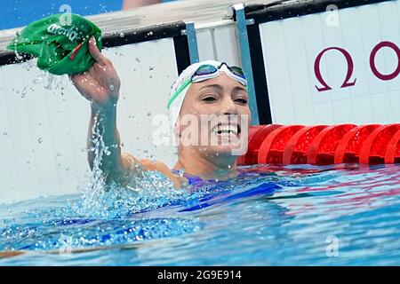 Tokio, Giappone. 26 luglio 2021. Nuoto: Olimpiadi, donne, 100m di colpo al seno, semifinali al Tokyo Aquatics Center. Tatjana Schoenmaker del Sudafrica reagisce. Credit: Michael Kappeler/dpa/Alamy Live News Foto Stock