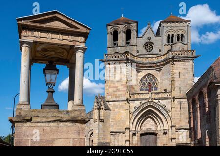 Souvigny. Fontana reale di fronte alla chiesa dei Priori di San Pietro e San Paolo, dipartimento degli Alleati, Auvergne-Rodano-Alpi, Francia Foto Stock