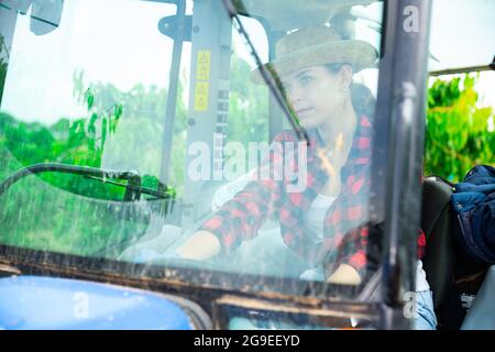 Giovane lavoratrice agricola che guida un piccolo trattore in frutteto Foto Stock