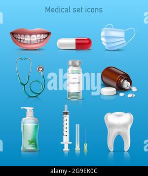 insieme vettoriale 3d realistico di icone di medicina. Sorriso, capsula, maschera, stetoscopio, vaccino, flacone di pillole, siringa e dente. Illustrazione Vettoriale