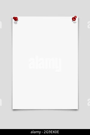 foglio di carta vettoriale 3d realistico isolato su sfondo grigio con pin rossi. Illustrazione Vettoriale