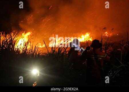 Ogan Ilir, Indonesia. 25 luglio 2021. Ufficiali di Manggala Agni Daops Banyuasin estinguono gli incendi dei peatland nel villaggio di Istanbul 1, nel distretto di Pemulutan, nella reggenza di Ogan Ilir, Sumatra meridionale. Questo fuoco di terra si è verificato a 10.00 WIB con un'area di ????circa 4 ettari di torba bruciata (foto da Humaidy Kenedy/Pacific Press) Credit: Pacific Press Media Production Corp./Alamy Live News Foto Stock