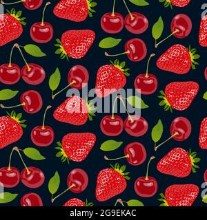 Fragole rosse e ciliegie con foglia verde su sfondo blu scuro. Sfondo con vari frutti di bosco senza cuciture motivo. Splendida frutta fresca rossa Illustrazione Vettoriale